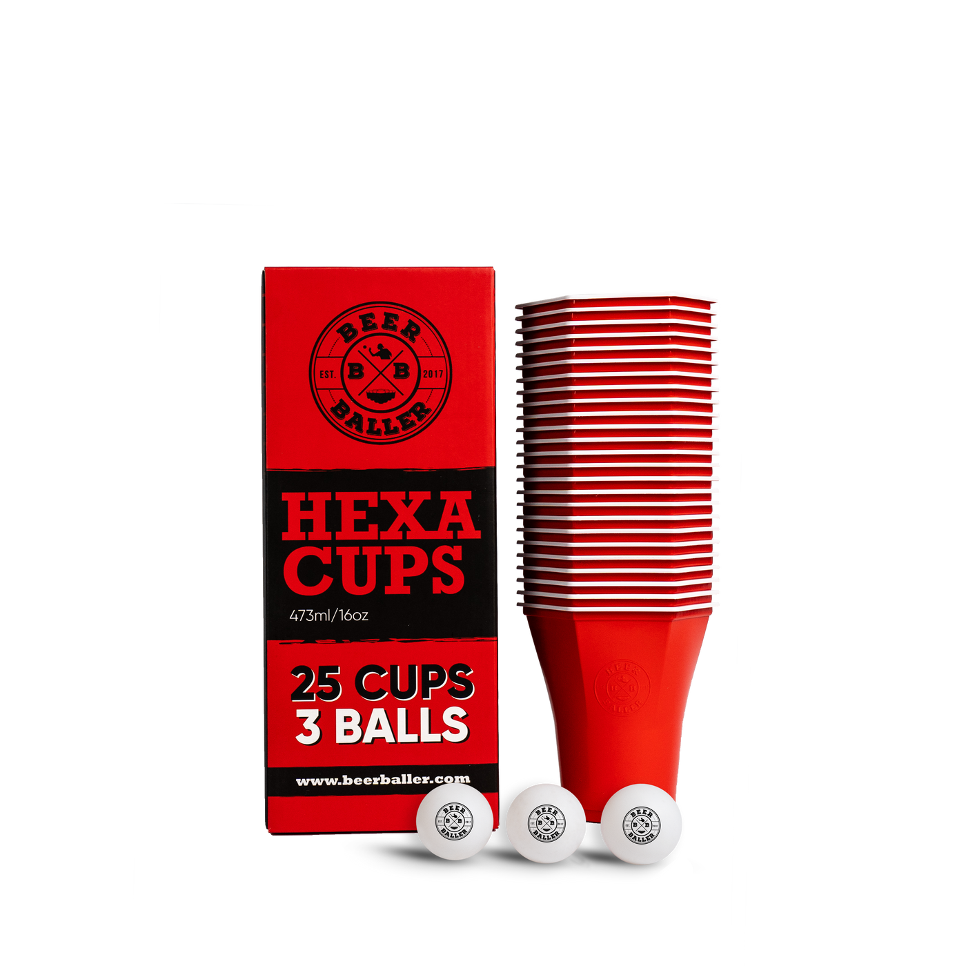 Hexa Cups - 25 sechseckige Beer-Pong Becher & 3 Beerpong Bälle